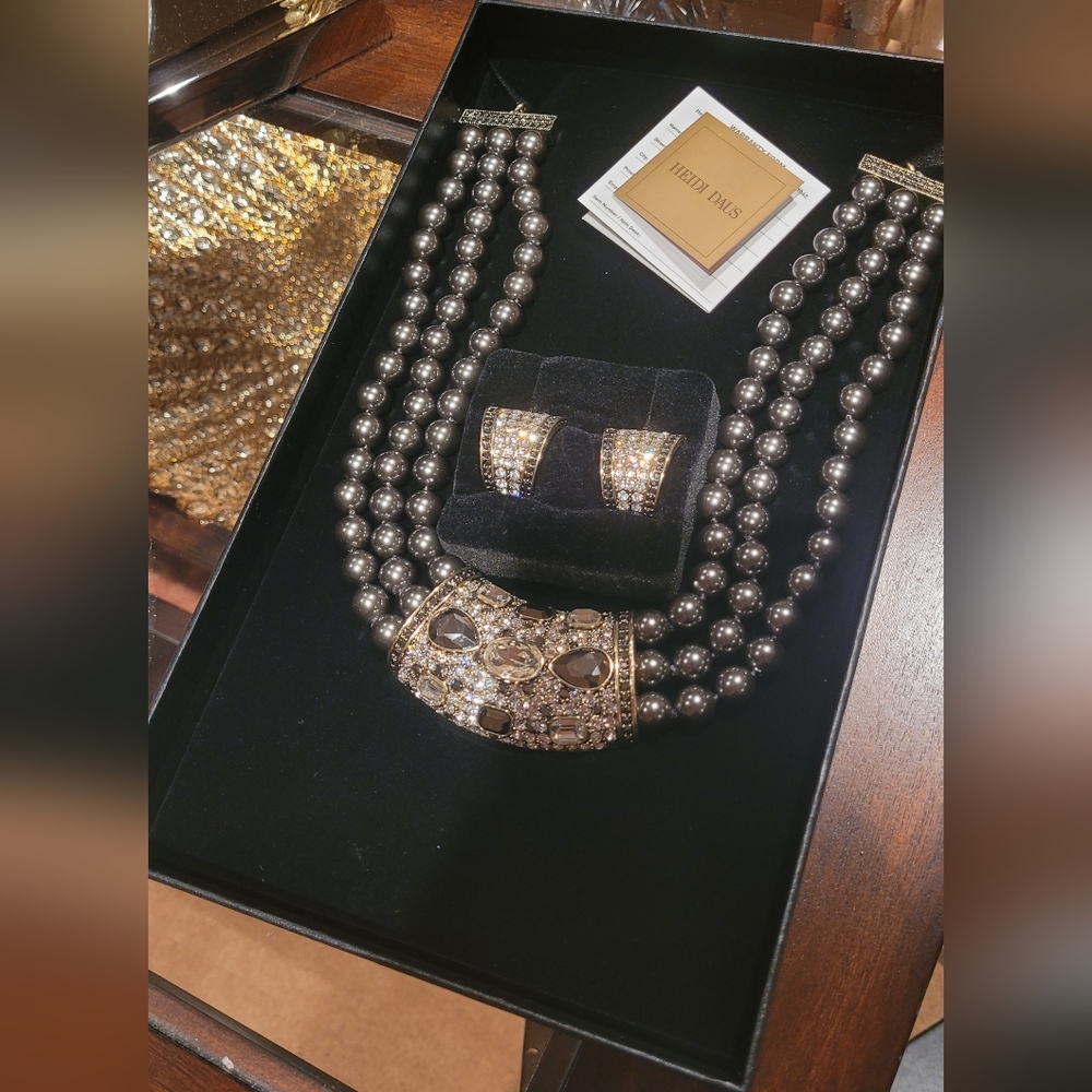 Vintage Heidi Daus Crystal Accented Pearl Necklace, Clip Earring Set | NWT